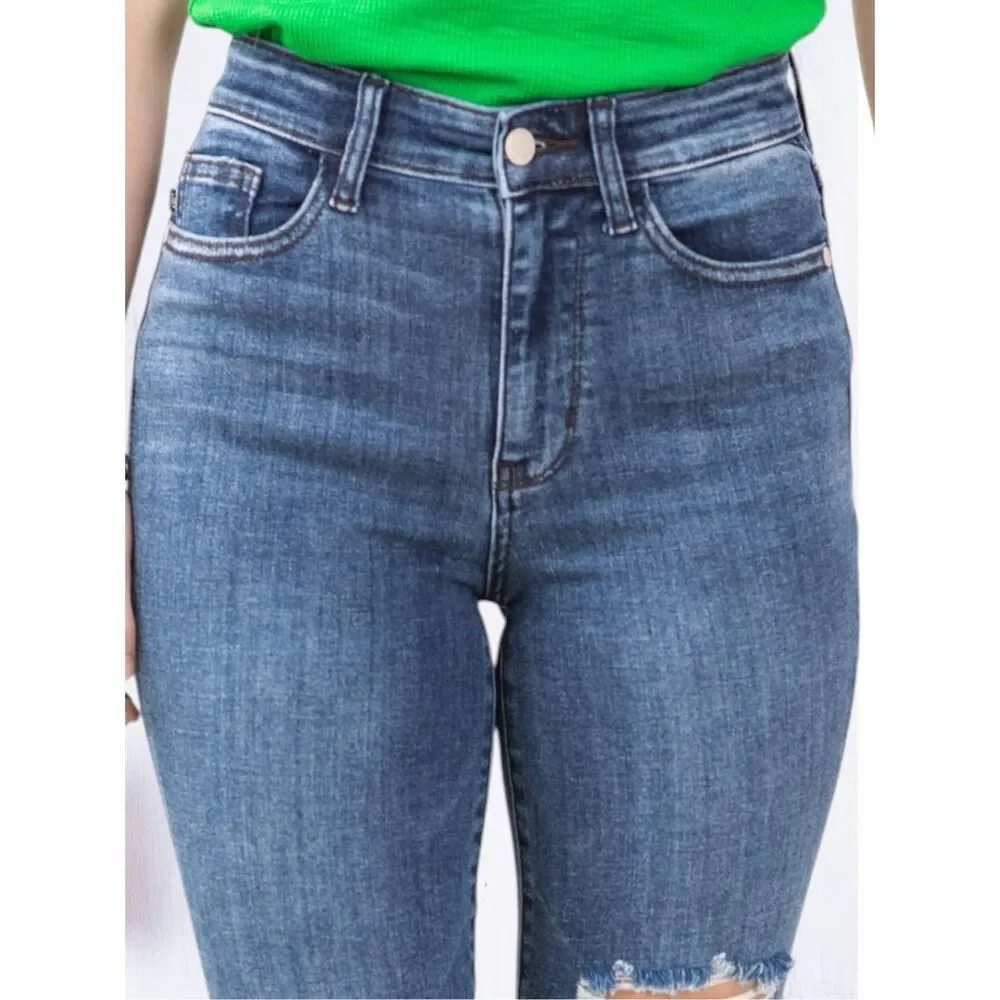 Judy Blue High Rise Skinny Jeans Dark Wash Distressed Stretch Denim Raw Hem NEW